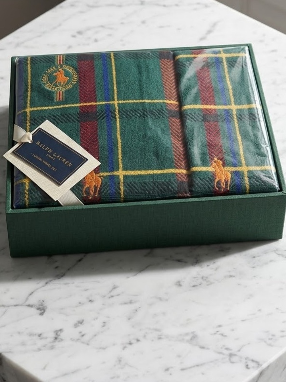 Ralph Lauren Green Plaid Towel Set NIB Vintage Polo Horse Logo